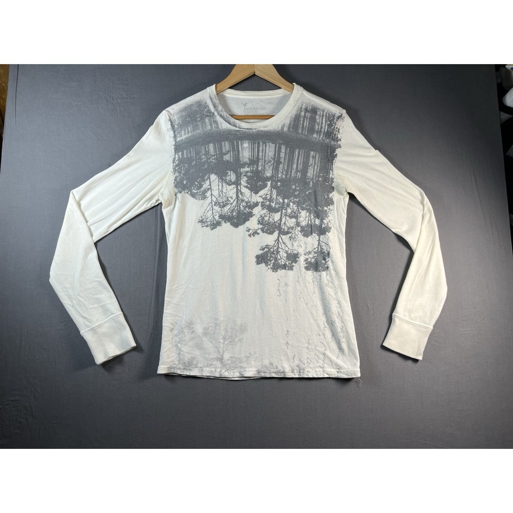 American Eagle Sz Small Men classic Fit Long Sleeve Shirt Trees Forest Print